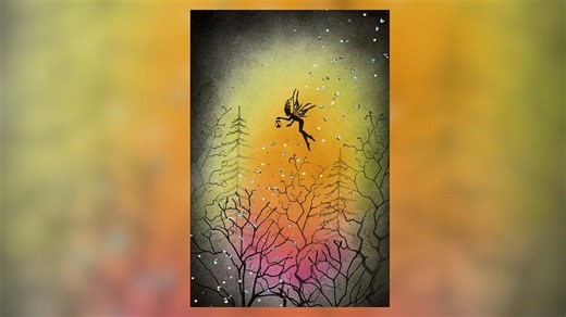 7.2K views · 351 reactions | The Fairy’s Sunset Flight In today’s tutorial, Tracey demonstrates a quick and easy way of creating a lovely “sunset” background using Elements Inks applied directly onto multifarious card using a stencil brush. This makes a lovely setting for our fairy, flying high above the treetops. | Lavinia Stamps | Facebook