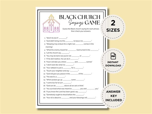 Black Church Sayings Game Printable, Christian Church Trivia for Youth Group, Sunday School, Family Reunion and Church Events - Etsy