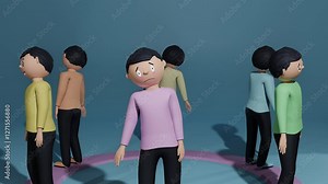 Characters, each with a different emotion on their face, rotating on a carousel, moving like rag dolls.