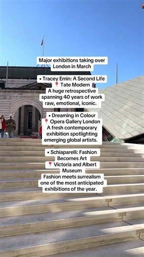 🌸 London in March = culture, events & spring energy Major exhibitions taking over London in March: • Tracey Emin: A Second Life 📍 Tate Modern A huge retrospective spanning 40 years of work raw, emotional, iconic. • Dreaming in Colour 📍 Opera Gallery London A fresh contemporary exhibition spotlighting emerging global artists. • Schiaparelli: Fashion Becomes Art 📍 Victoria and Albert Museum Fashion meets surrealism one of the most anticipated exhibitions of the year #WhatsOnLondon #LondonEvent