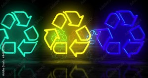 Recycling neon symbol. Light color bulbs. Ecology, waste recycle and environment abstract seamless and loopable concept. 3d flying through the tunnel animation.