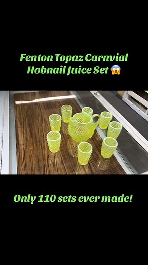 Fenton for Levay Topaz Carnival Juice Set! Wow, I’d never seen one and probably will never see another. #fenton #fentonartglass #fentonglass #vintageglass #topazglass #vasalineglass #glowyglass #carnivalglass #stephensuniqueantiques #vintage #uraniumglassisrad #uraniumglass #uraniumcollector