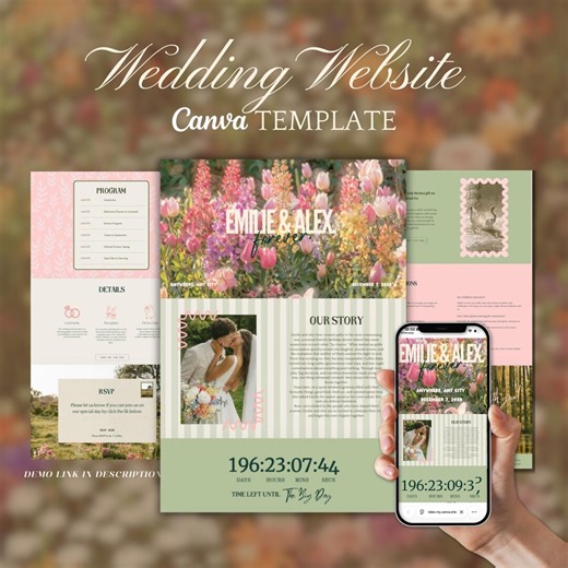 Colorful Wedding Website Template, Floral Garden Canva Wedding Website Invitation, Pink & Green Pastel Colors, Hand Drawn, Editable Website - Etsy