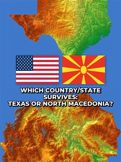 Texas 🇺🇸 vs North Macedonia 🇲🇰! 🏔️🌊 #geography #mapbattle #usa #texas #northmacedonia Royalty Free Music from Tunetank.com Track: Last Srusade by Cloudsystem https://tunetank.com/track/6119-last-srusade/ 📊 Data Sources: • Elevation: SRTM v4.1 © CGIAR-CSI (CC-BY 4.0) / ETOPO 2022 (NOAA, Public Domain) • Boundaries & Water: Natural Earth (Public Domain) • Flags: flagcdn.com (Public Domain) / Wikimedia Commons (Public Domain)
