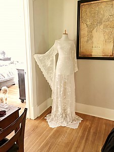 Vintage Lace Wedding Dress: Sheer Cream Boho Angel Sleeve Maxi - Etsy