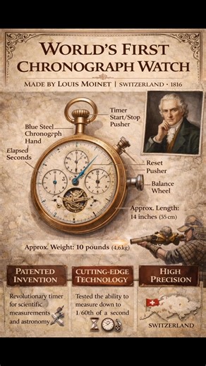 In 1816, master watchmaker Louis Moinet created what is considered the world’s first chronograph watch ⏱️✨ Designed to measure precise astronomical movements, it could track time down to 1/60th of a second—an incredible achievement for its era 🔭🌌 Crafted in bronze and steel with intricate gears and pushers, it marked a revolution in precision engineering ⚙️🔩 Long before modern stopwatches and sports timers, this innovation paved the way for aviation, racing, and scientific timing 🏎️✈️ Today,