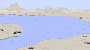 River disappearing cartoon animation. Drought lake 4K 2D motion graphic. Global warming. Waterway dried up. Reducing water flow into stream animated backdrop on cracked dirt background