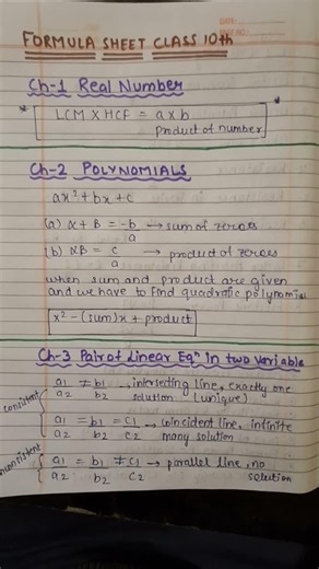 class 10th || Formula sheet chapter 1,2,3 || important formulas #maths #shorts #ncertsolutions