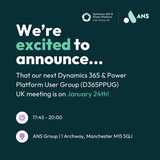 Save The Date 📆 Join us for a Dynamics 365 & Power Platform User Group meeting on 24th January! Explore Power Apps design tips with Charlie Sexton and set your tech community resolutions with Keith Atherton 🚀 Connect, learn and energize your 2024 tech journey 🌐 Visit https://bit.ly/3SgQ8U0 to register for FREE! #D365PPUG #TechCommunity #PowerPlatform #ManchesterMeeting #TeamANS | ANSGroup