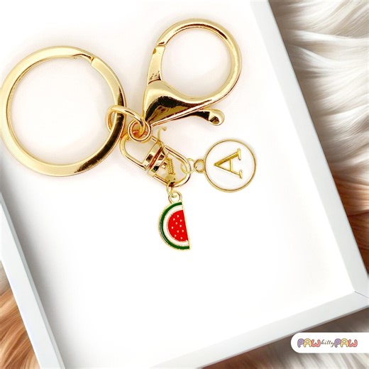 Watermelon Keychain, Gold Monogram Charm, Red Enamel Fruit, Pink Summer Accessory - Etsy