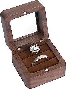 Wooden Engagement Ring Box with 2 Slots, Square Wedding Ring Box - Brown Inner with Window