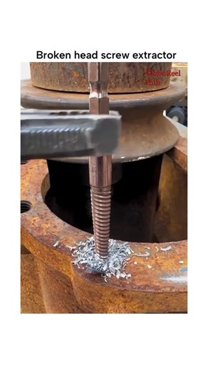 The post features a 32-second video demonstrating a spiral screw extractor tool removing a broken bolt from a rusty metal flange, using grinding, drilling, and reverse-threading for clean extraction. Spiral extractors, like RYOBI's 5-piece sets, grip damaged fasteners via left-handed threads after a pilot hole is drilled. | Globe Reel Hub | Facebook