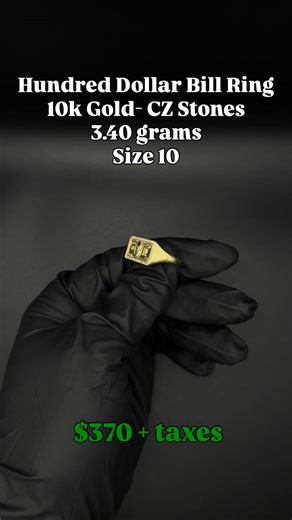 Covenant Jewelry on Instagram: "Hundred Dollar Bill Ring –10K Gold • Weight: 3.40 grams • Material: Solid 10K Gold • Stones: CZ (cubic zirconia) • Ring Size: 10 • Condition: Brand new • Price: $370 + tax Bold money design ring with clean detail. 📍 Located in El Paso 🚚 Shipping available with tracking or local meet-up 💳 Payment options: Zelle, Cash, or secure card payment through Stripe Message if ready to purchase or need more photos. #10kgold #goldring #mensring #moneyring #finejewelry"