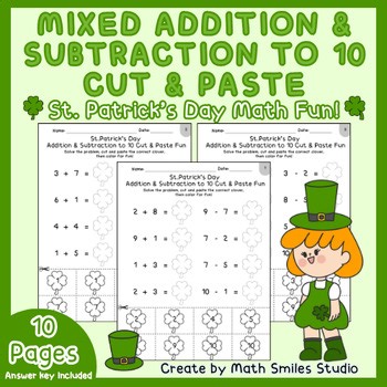 St. Patrick’s Day Mixed Addition & Subtraction to 10 Cut & Paste |Math Activity