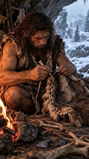 A Neanderthal Makes a Fur Hood for Winter | Prehistoric Survival #shorts #youtubeshorts #viral