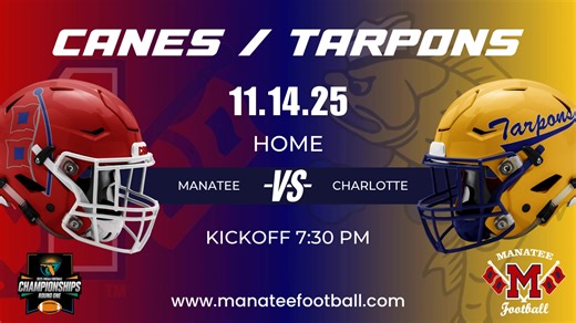 Tonight’s the night! Round One of the FHSAA Playoffs — Manatee Hurricanes vs. Charlotte Tarpons 🏈 Kickoff at 7:30 PM at Joe Kinnan Field at Hawkins Stadium. Let’s pack the stands and bring the energy! Go Canes! 🌪️❤️ #ManateeFootball | Manatee Football