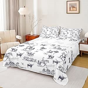 Western Bedding Set Full Size Sketch Cowboy Cattle Horse Sheet Set 4Pcs Farm Animal Bed Sheet for Kids Boys Girls Adult Room Decor Rustic Farmhouse Fitted + Flat Sheet Navy White,2 Pillowcase
