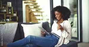 Tablet, search and woman with coffee a sofa relax with social media, chat or ebook at home. Digital, app and female person in a living room with tea, break or online, scroll or check sign up service