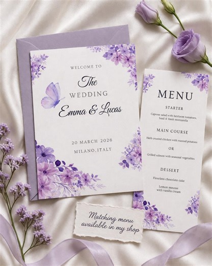 Purple Wedding Invitation and Menu Template, Lavender Floral Wedding Invite Set, Editable Wedding Invitation, Printable Wedding Menu - Etsy