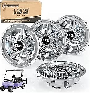 10L0L Golf Cart SS Wheel Covers Hub Caps for EZGO, Club Car, Yamaha - 8 Inch Snap-on Installation, Chrome, Set of 4