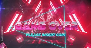 Game Over text animation with neon lights and Please Insert Coin message