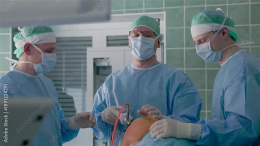 Three surgeons in full sterile attire conduct a knee arthroscopy procedure in a modern operating room, focusing on collaboration and precision