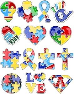 JUNEBRUSHS 28pcs Autism Awareness Brooch Pins Colorful Puzzle Pieces Inspirational Lapel Pins for Adults Autism Awareness Party Gift Supplies Clothes Decor Accessories