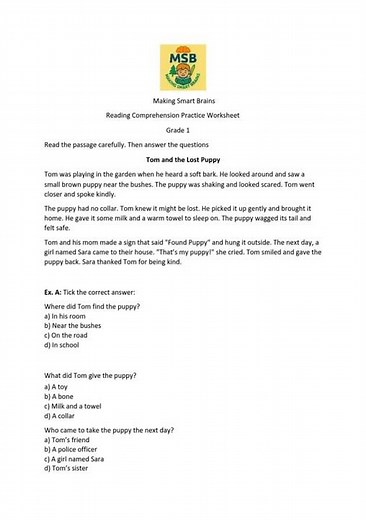 English Reading Comprehension Practice Worksheet for Grade 1's