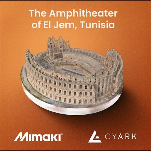 The wait is over! Our first 3D-printed heritage model has been revealed — the Amphitheater of El Jem. For nearly 1,800 years, a vast sandstone arena has stood over the plains of Tunisia and once filled with the roar of 35,000 spectators. Built in 238 AD, it remains one of Africa’s largest and best-preserved Roman amphitheaters. CyArk captured every arch and weathered stone with accurate 3D scanning and photogrammetry. Mimaki's full-color 3D print (18 × 18 × 6 in) transforms that digital record i