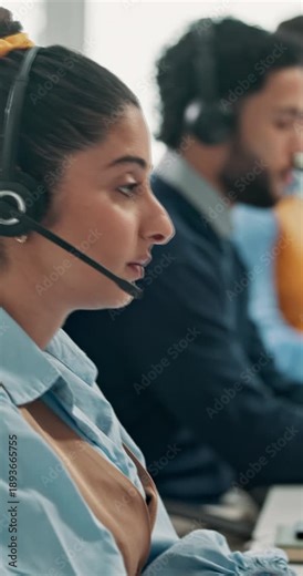Call center, telemarketing and woman talk in office, lead generation or insurance service promotion. Profile, headset and sales agent with conversation for telesales, coverage inquiry and coworking