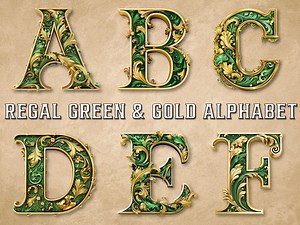 Regal Green & Gold Alphabet Clipart Bundle, Art Nouvea Letters, Commercial Use, Full English Alphabet - Etsy