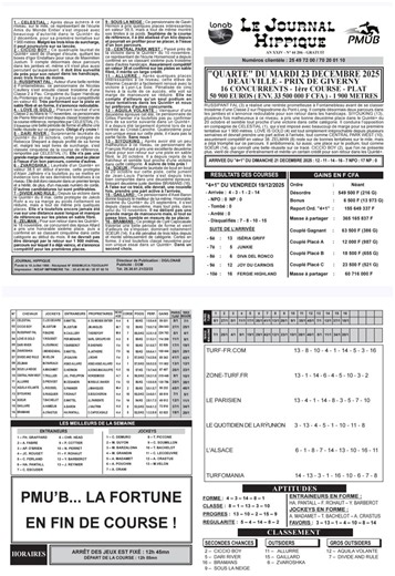 JOURNAL HIPPIQUE PMU'B DU 23 DECEMBRE 2025 Quarté PMU’B à Deauville – Journal Hippique du Mardi 23 Décembre 2025 (Analyse, pronostic et Programme du Jour) Le Quarté PMU’B de ce mardi 23 décembre 2025 se dispute sur l’hippodrome de Deauville, dans une course très ouverte réunissant 16 chevaux sur 1 900 mètres. lonab programme, gain du jour en cfa aujourd hui, lonab gain du jour, arrivée quinté du jour, resultat pmu du jour, pmu résultat, journal hippique de demain ,lonab,programme pmub, journal h