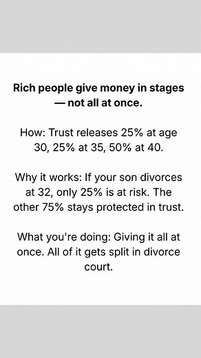 50% of marriages end in divorce. 100% of unprotected inheritances get split. Here's how the rich protect their kids (and how you can too. They use spendthrift trusts. You leave money directly. They stage distributions. You give it all at once. They require prenups. You hope for the best. They keep spouses off assets. You add them to deeds. Every single strategy here works whether you have $500K or $50M. You just need to know they exist. Swipe to see the 5 ways to protect your kids from divorce →