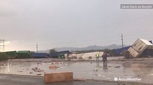 Heavy rain caused a train to derail between Twin Peaks and Avra Valley in Arizona on July 10. There were no immediate reports of injuries and no indication of any hazardous material spilled from the derailment. | AccuWeather