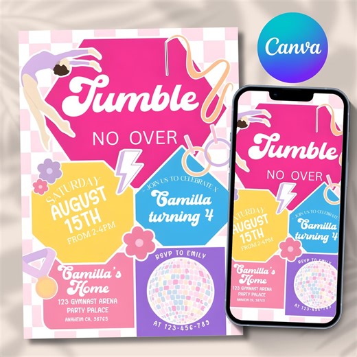 Editable Gymnastics Invitation Gymnastics Birthday Invite Preppy Retro Gymnastics Invitations Gymnastics Party Template Pink Girl Invitation - Etsy