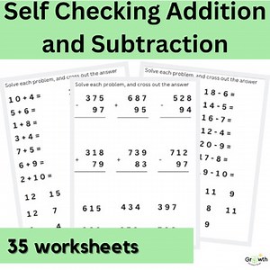 Self Checking Addition and Subtraction Worksheets Single, Double, Triple Digits