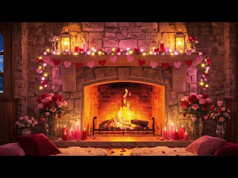 Cozy Valentine’s Fireplace 24/7 🔥 Fireplace Crackling | Romantic Love Songs