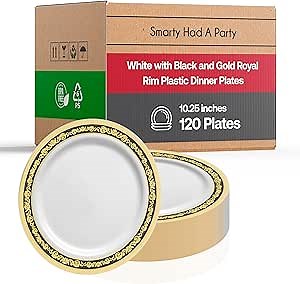 Elegant Disposable Plastic Dinner Plates 120 Pcs - 10.25" Heavy Duty Dinner Plates - Fancy White with Black and Gold Royal Rim - Bulk Catering Party Supplies For Wedding, Birthday & All Occasions