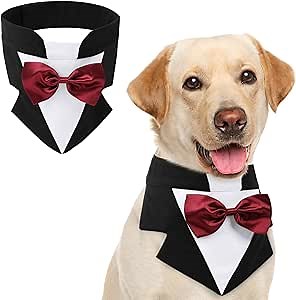 AOFITEE Formal Dog Tuxedo, Large Dog Wedding Bandana Collar with Bow Tie, Adjustable Birthday Costume Valentines Outfits, Bowtie for Large Party Tux Wedding Outfit, Black L