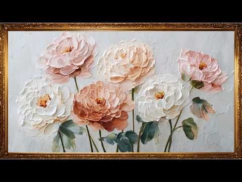 Luxury Textured Peach Peony Wall Art | Elegant 3D Floral Painting with Gold Frame for Home Decor