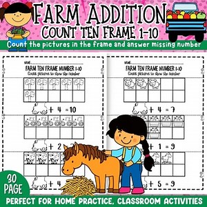 Farm Count the Pictures Fill in the Missing, Ten Numbers within 10 Worksheets