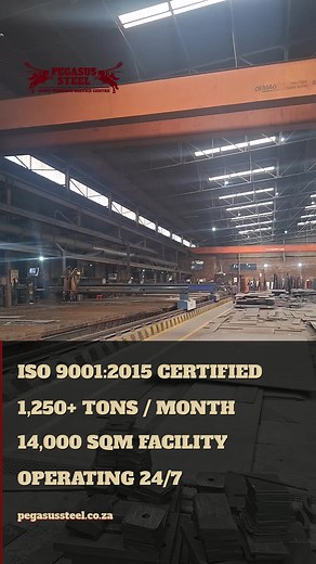 This is what 1,250 tons a month looks like. A walk through our Gauteng facility — the cutting bays, the processing floor, the team that turns raw plate into project-ready steel every single day. ISO 9001:2015 certified. 14,000sqm under roof. Operating 24/7. Want to see what we can do for your next project? → pegasussteel.co.za #PegasusSteel #BehindTheScenes #SteelManufacturing #FacilityTour #SouthAfricanIndustry