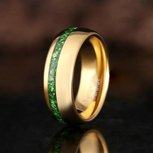 Emerald Mens Wedding Band, Gold Tungsten Ring, 8mm Green Gemstone Ring, Unique Men Engagement & Promise Ring, Dome, Polish, Offset Inlay - Etsy