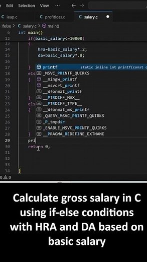 Calculate gross salary in C using if else conditions with HRA and DA based on basic salary.#ifelse