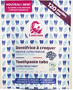Amazon.com: Lamazuna Toothpaste Tabs with Wild Mint - Organic Certified, Toothpaste Tabs with Fluoride, Gluten Free, Vegan, Plastic Free, Eco Friendly, Camping, Travel, 120 Tablet, 2 Month Supply, Made in France : Health & Household