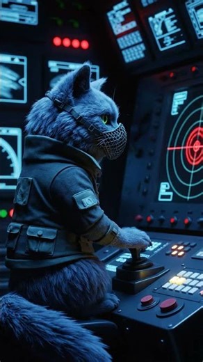 Military Op: A Nebelung Cat with a long-barrel recoil-reduced shotgun in a submarine control room