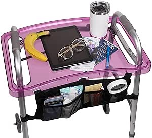 StrongArm Clear View Walker Tray + Bag + Non-Slip Mat & Cup Holder, Tray for Folding Walkers, Food Tray, Walker Accessories, Tray Table for Standard Adult Walkers (Purple)