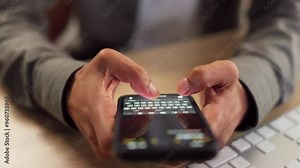 Phone, hands typing and business person with text message, email or office feedback. Mobile, screen closeup and writing on chat app for project update, info or salesman on social media for networking