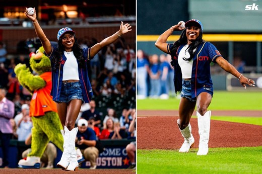 "Those boots were made for greatness" - MLB fans go gaga over star Olympian Simone Biles' chic white boots during first pitch at Minute Maid Park