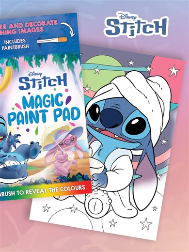 Create magical pieces of art with Stitch and friends by simply adding water! ✨🌈💦 Join Stitch, Angel and a host of mischievous alien experiments in this Magic Paint Pad. Using the paintbrush included, add a splash of water to reveal colourful scenes and decorate your favourite characters. Mess-free painting ensures an accident-free playtime! Reusable fun - wait for the water to dry and paint the page again and again! Includes additional activity pages, meaning hours of fun! #igloobooks#artsandc